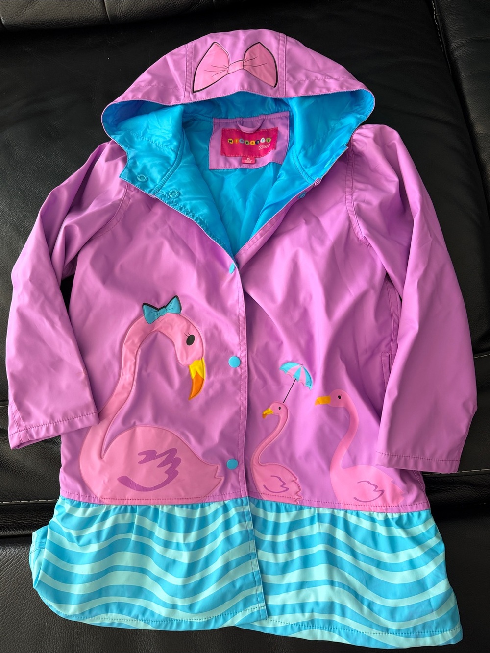 Girls Lavender Flamingo Raincoat with Blue Trim